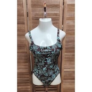Speedo Swimsuit Womens Vintage 90s Brown Turquoise One-Piece Floral Bathing Suit